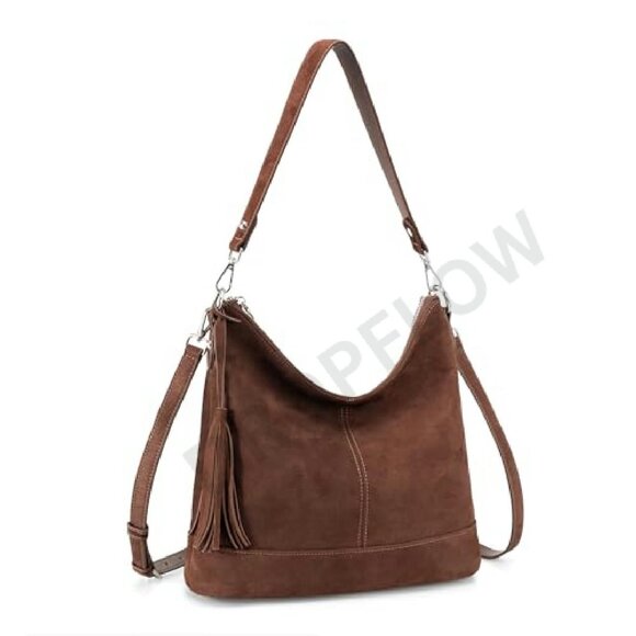 Genuine Leather Hobo Crossbody Bag Soft Slouchy Bucket Purse Two Straps - Picture 2 of 8